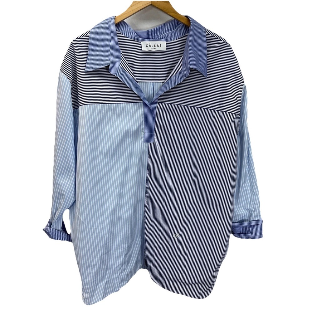 Callas Milano Italy size 46 Popover Blue Striped Tunic Top LG Crisp euro summer